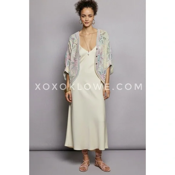 POL Pastel Floral Crochet Embroidered Cardigan | Open Knit Button Front Rainbow - Picture 9 of 12